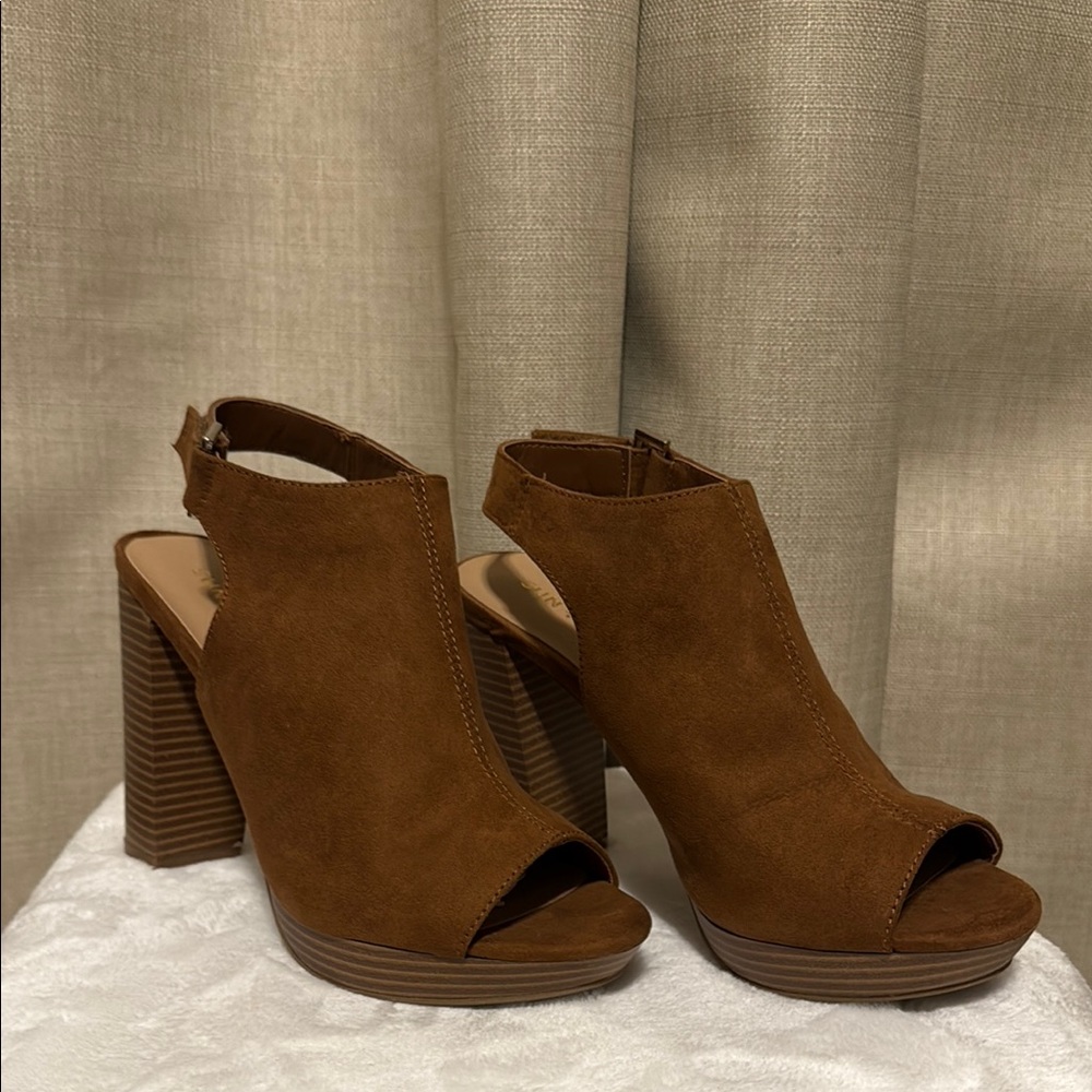 Brown Peep-Toe Block Heels